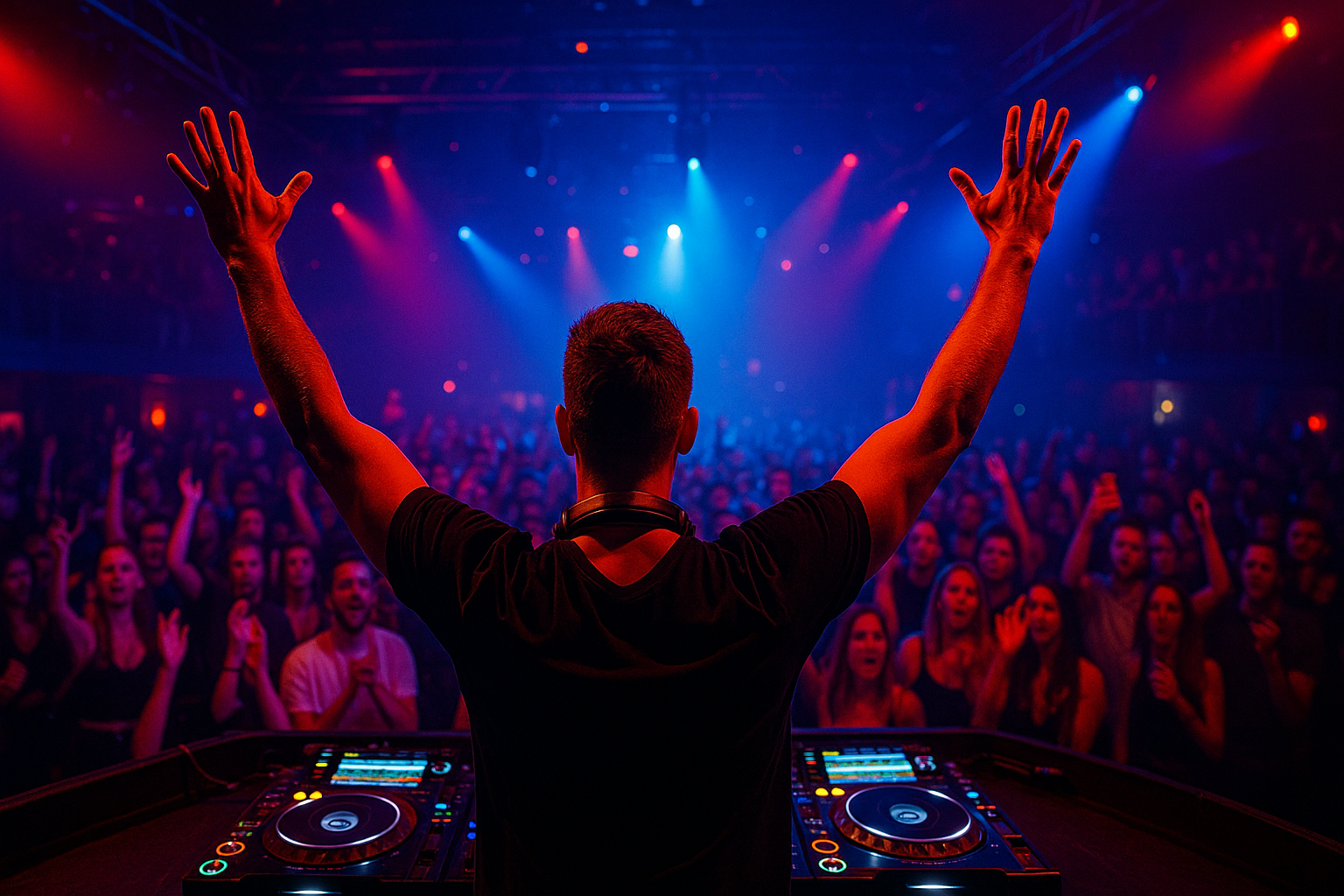 A DJ performing with hands up in a packed Salt Lake City nightclub.