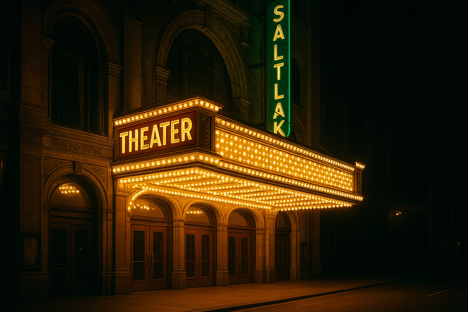 The illuminated entrance of a historic theater in downtown Salt Lake City at night.