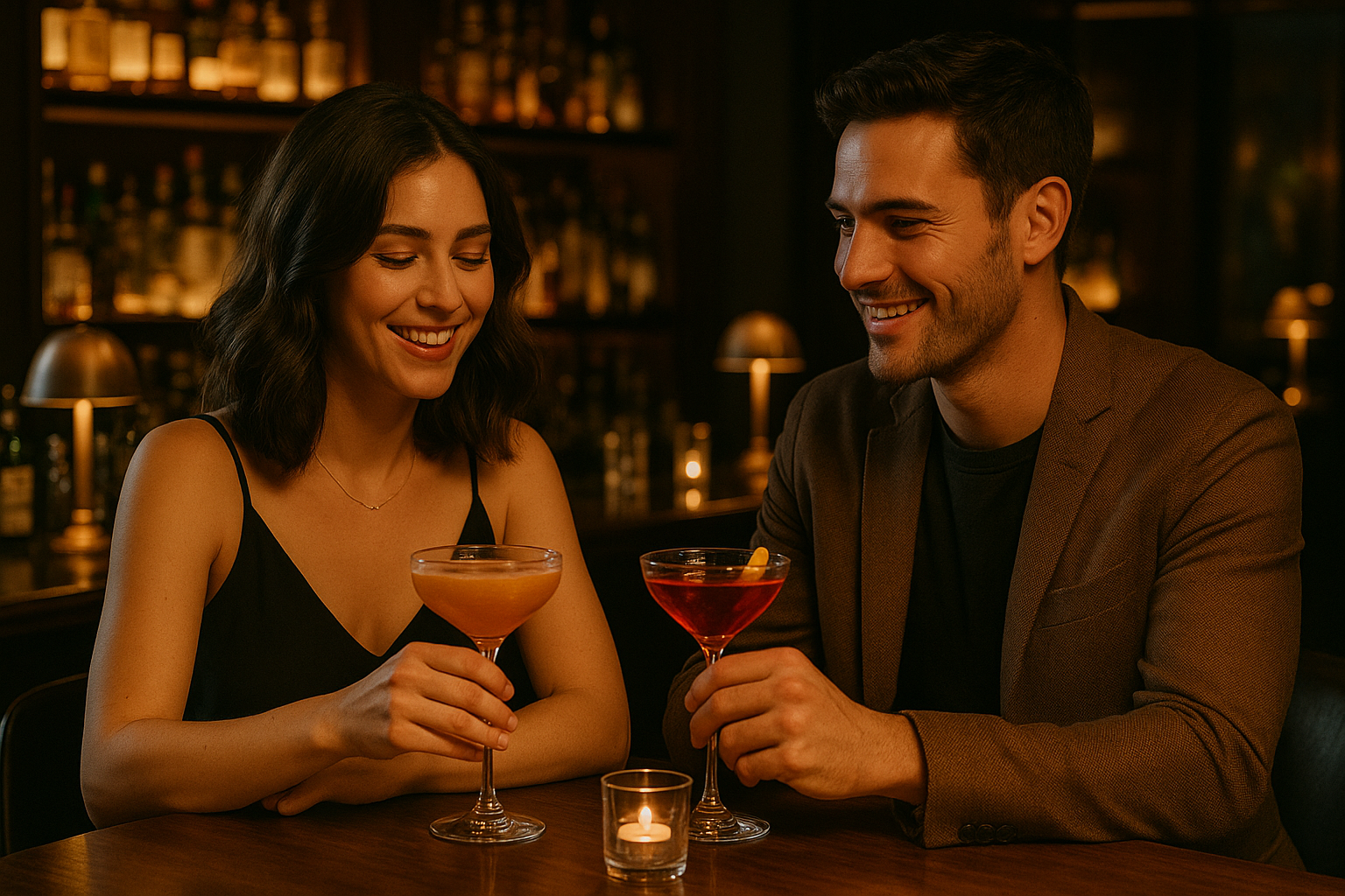 A couple enjoying cocktails at a stylish, intimate bar in Salt Lake City.