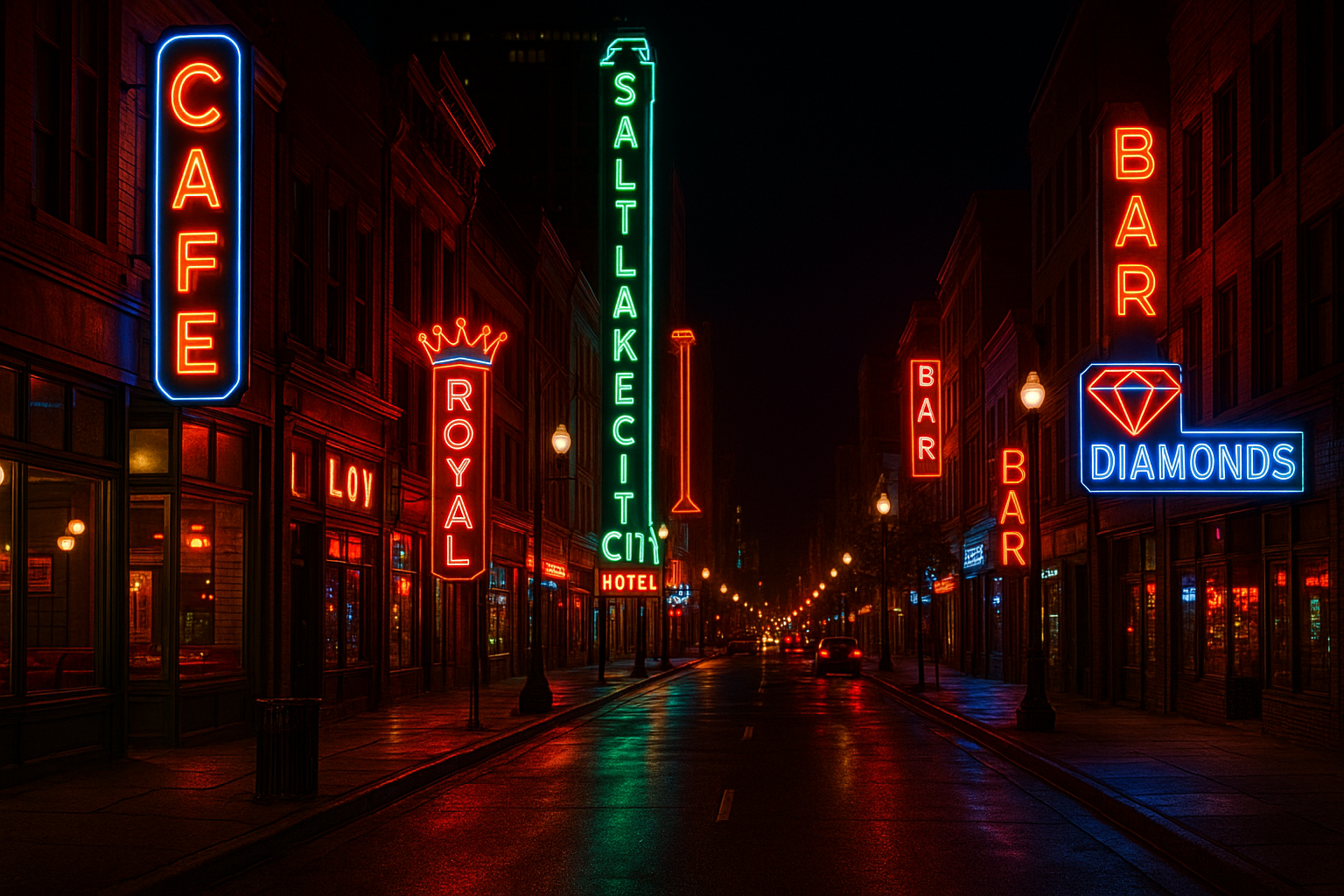 A vibrant downtown Salt Lake City street at night with neon signs.