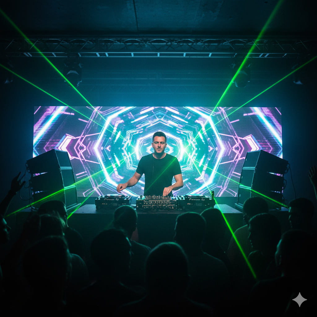 A DJ performing in a dark club