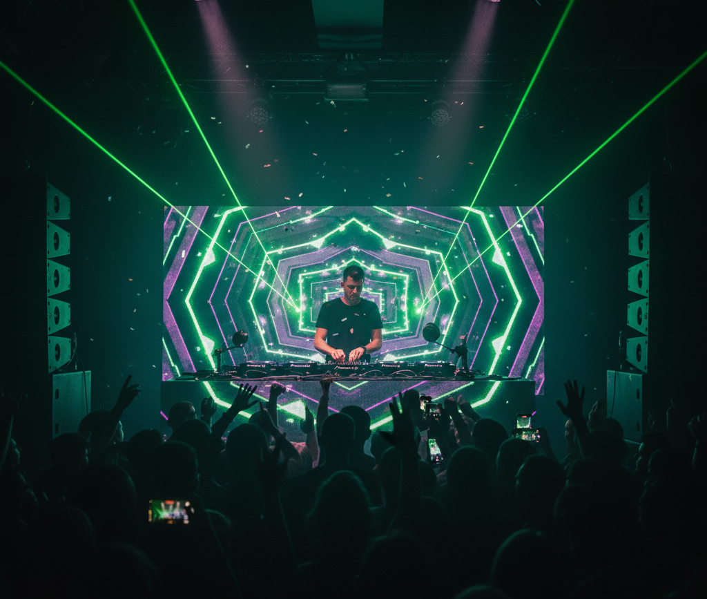 A DJ performing in a dark club