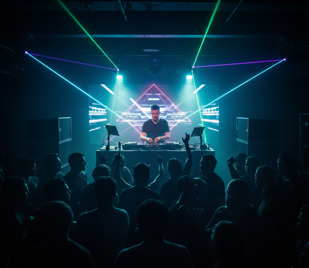 A DJ performing in a dark club