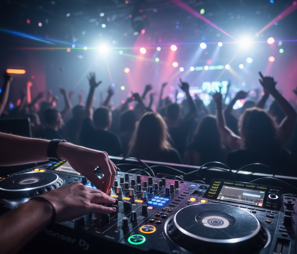 A DJ's hands on a mixer at a vibrant party