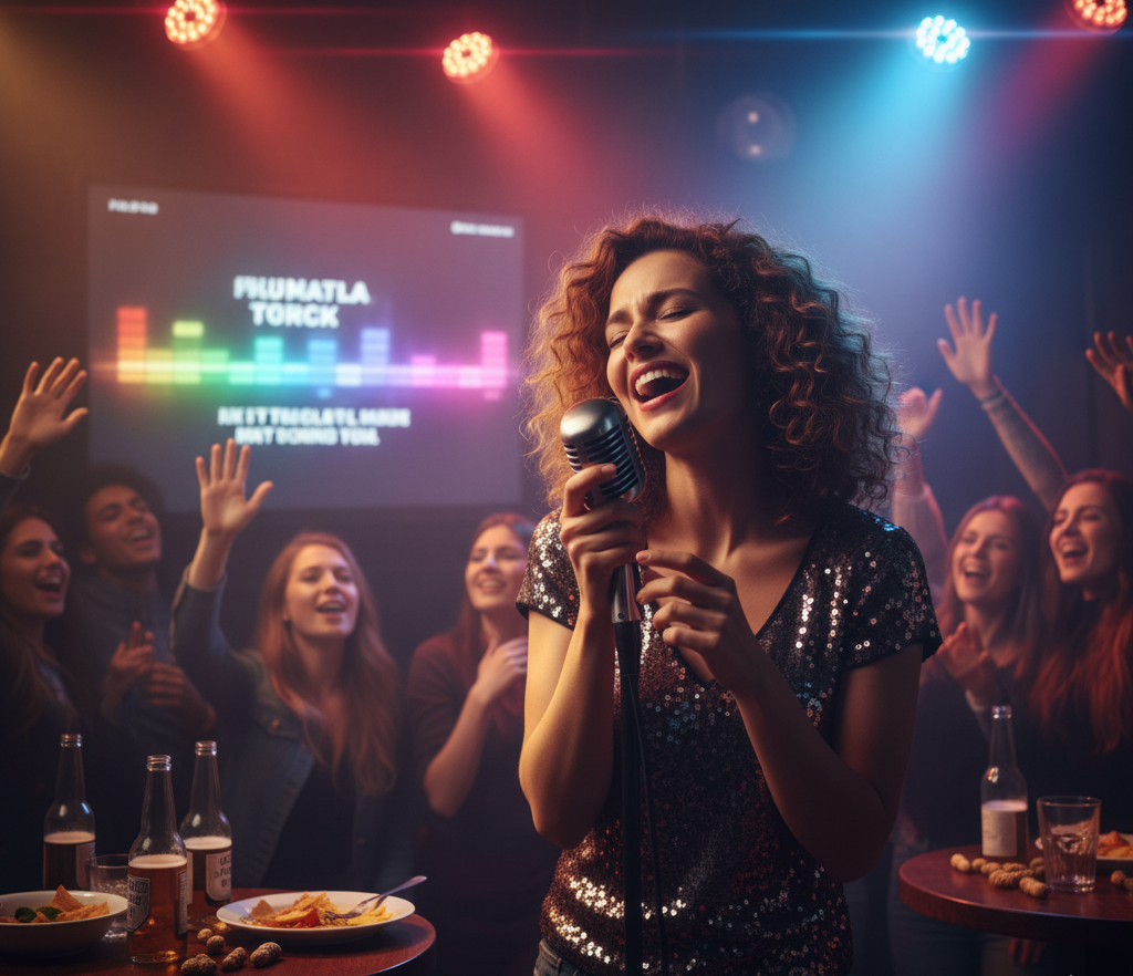 A person singing karaoke into a microphone