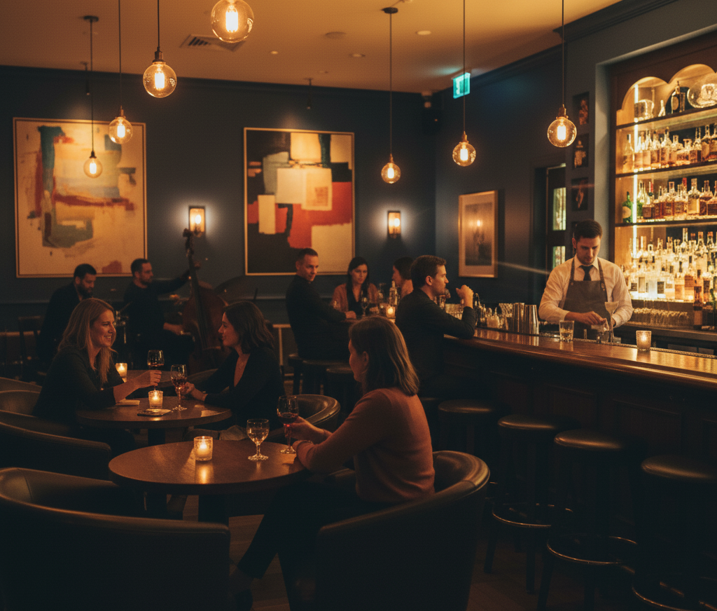 A relaxed bar with ambient lighting