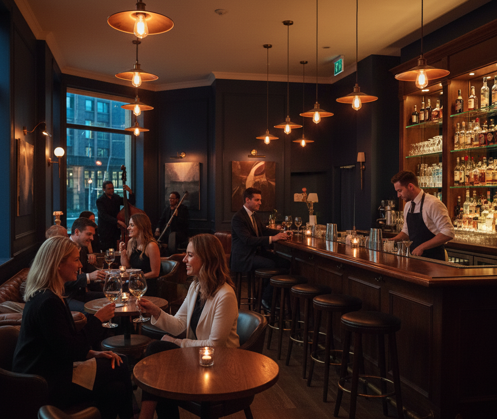 A relaxed bar with ambient lighting