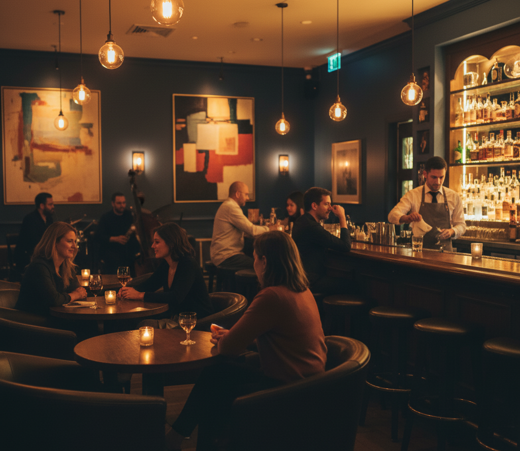 A relaxed bar with ambient lighting